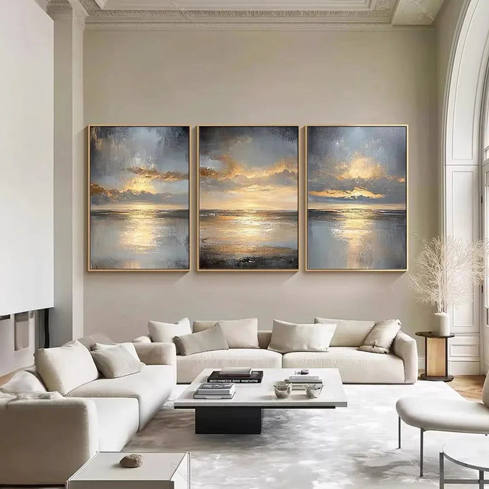 Golden Reflections — 3-Piece Abstract Ocean Landscape Wall Art Set