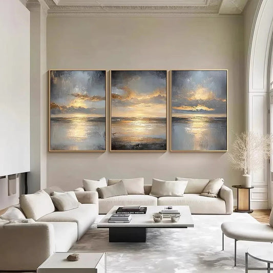 Golden Reflections — 3-Piece Abstract Ocean Landscape Wall Art Set